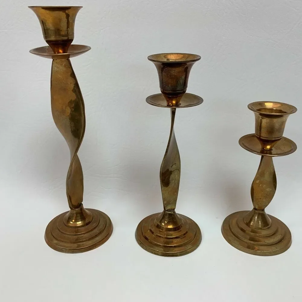 Brass Graduated Candlestick Candle Holders Swirl Twist Lot‎ of 3